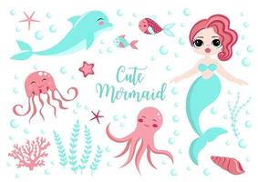 söt uppsättning liten sjöjungfru prinsessa och delfin, bläckfisk, fisk, manet, korall. under vattnet värld samling vektor