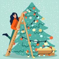 neujahrsgrußkartenvorlage, trendiger retro-stil. Frau, die einen Weihnachtsbaum schmückt, Vektorillustration vektor