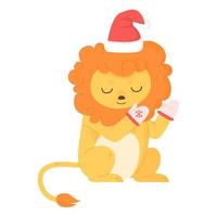 söt lejon sitta med jul hatt och värma handskar. vektor