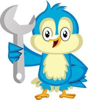 Blauer Vogel hält einen Schraubenschlüssel, Illustration, Vektor auf weißem Hintergrund.