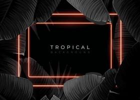 mörk svartvit tropisk design med exotisk banan löv, mjuk neon ramar och Plats för text. vektor sommar mall för affisch, baner, kort eller flygblad.