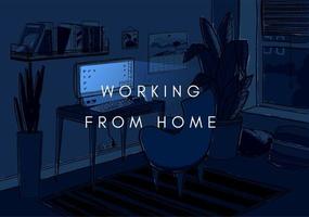 gemütliche dunkle nacht home office vektorillustration. süßes interieur für die arbeit von zu hause aus. vektor