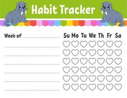Gewohnheitstracker für Kinder. Blattvorlage zum Ausdrucken. mit süßem Charakter. Vektor-Illustration. vektor