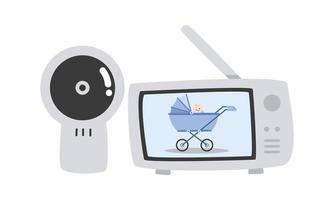 Babyphone-Cliparts. einfacher satz moderner überwachungskamera und monitor mit kinderwagenbild auf der flachen vektorillustration des bildschirms. Babyphone für die Sicherheit der Baby-Cartoon-Hand gezeichnet vektor