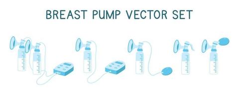 vektor uppsättning av bröst pump ClipArt. enkel söt elektrisk, automatisk, batteri och manuell bröst pump med bröst mjölk platt vektor illustration. Utrustning för amning mor och bebis tecknad serie stil