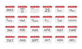 uppsättning av enkel skrivbord kalender ClipArt klotter teckning vektor illustration. söt tabell kalender som visar dagar av de vecka, och månader av de år platt tecknad serie ritad för hand stil. organisation, händelse begrepp