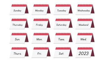 uppsättning av enkel skrivbord kalender ClipArt vektor illustration. söt dagligen tabell kalender som visar dagar av de vecka och deras förkortningar platt tecknad serie ritad för hand stil. organisation, händelse begrepp
