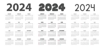 2024 kalender i annorlunda typsnitt stil vektor illustration. enkel klassisk en gång i månaden kalender för 2024 i sans, djärv, tecknad serie font. de vecka börjar söndag. minimalistisk kalender planerare år 2024 mall