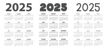 2025 kalender i annorlunda typsnitt stil vektor illustration. enkel klassisk en gång i månaden kalender för 2025 i sans, djärv, tecknad serie font. de vecka börjar söndag. minimalistisk kalender planerare år 2025 mall