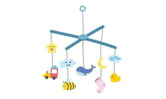 baby mobile spielzeug clipart. einfaches krippenmobiles hängendes spielzeug für die flache vektorillustration des babys lokalisiert. babymobile mit niedlichem stern, wolke, mond, wal, gummiente, biene, socke, flugzeugspielzeugkarikaturart vektor