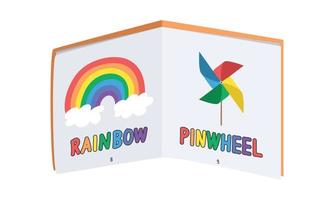 baby visuelle stimulation buch clipart. einfache, niedliche, farbige Säuglingsstimulationsbuch-Flachvektorillustration. babybuch mit bunter regenbogen- und windradkarikatur. frühe Anregung zum Erlernen von Farben vektor