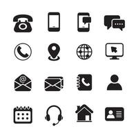 uppsättning av Kontakt och kommunikation ikoner med svart design isolerat på vit bakgrund vektor
