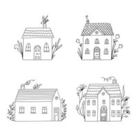 Eine Reihe kleiner, süßer, schwarz-weißer Doodle-Häuser mit floralen Elementen. vektor