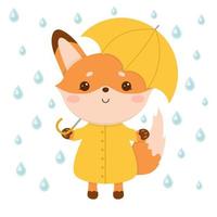 en söt liten räv i en gul regnkappa döljer från de regn under ett paraply. vektor