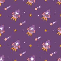 Raketen mit Sternen auf violettem Hintergrund, nahtloses Vektormuster, Kinderdruck für Stoff, Papierprodukte vektor
