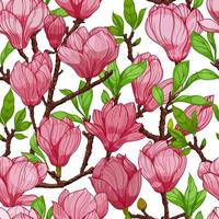 rosa blühende magnolienblumen, nahtloses muster. handgezeichnete Abbildung vektor