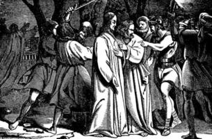judas verrät jesus im garten von gethsemane vintage illustration. vektor