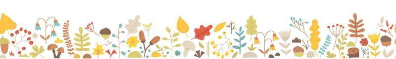 sömlös gräns av hand dragen löv, ekollon, svamp, gren och bär. horisontell baner, botanisk höst illustration, falla, säsong. tacksägelse och skörda dag. vektor mönster med söt växter