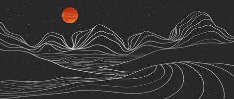 Berg Wüste Linie Kunstdruck. abstrakt berg zeitgenössisch ästhetisch hintergründe landschaften. mit Berg, Mond, Wüste und Fluss. Vektorillustrationen vektor