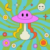 bunte groovige illustration mit ufo, planeten, sternen und blumen. Hippie umrissener Patch. vektor