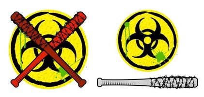 Biohazard-Schild und Baseballschläger im Stacheldraht. Waffen und Zeichen der Zombie-Apokalypse. Überleben nach der Apokalypse. Vektor