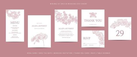 samling av mall bröllop brevpapper med minimalistisk hand dragen orkide blomma vektor