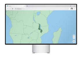 computermonitor mit karte von malawi im browser, suchen sie im web-mapping-programm nach dem land malawi. vektor