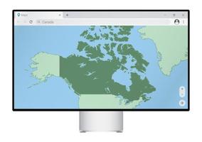 dator övervaka med Karta av kanada i webbläsare, Sök för de Land av kanada på de webb kartläggning program. vektor