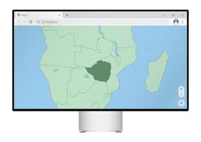 Computermonitor mit Karte von Simbabwe im Browser, suchen Sie im Web-Mapping-Programm nach dem Land Simbabwe. vektor