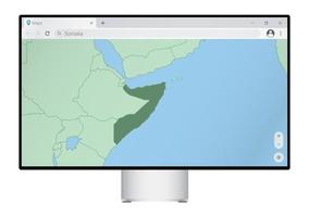 computermonitor mit karte von somalia im browser, suchen sie im web-mapping-programm nach dem land somalia. vektor