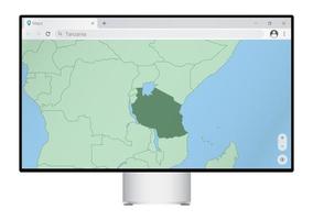 Computermonitor mit Karte von Tansania im Browser, Suche nach dem Land Tansania im Web-Mapping-Programm. vektor