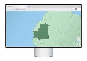 Computermonitor mit Karte von Mauretanien im Browser, suchen Sie im Web-Mapping-Programm nach dem Land Mauretanien. vektor