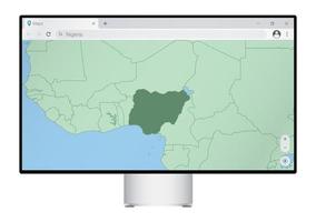 dator övervaka med Karta av nigeria i webbläsare, Sök för de Land av nigeria på de webb kartläggning program. vektor