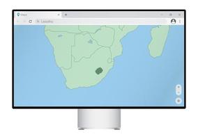 Computermonitor mit Karte von Lesotho im Browser, suchen Sie im Web-Mapping-Programm nach dem Land Lesotho. vektor