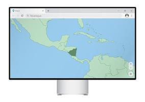 computermonitor mit karte von nicaragua im browser, suche im web-mapping-programm nach dem land von nicaragua. vektor
