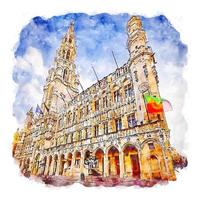 stor plats de bruxelles belgien vattenfärg skiss hand dragen illustration vektor