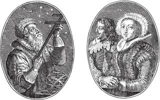 astronom och hans fru, knaprig skåpbil de passe ii, 1641, årgång illustration. vektor