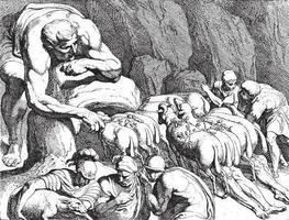 odysseus rymmer från de grotta av polyfemus, årgång illustration. vektor