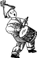 pojke spelar trumma, årgång illustration. vektor