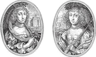 Porträts zweier unbekannter Frauen, beide als Hirtin, Vintage-Illustration. vektor