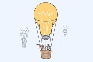 auf der suche nach einem innovativen geschäftsideenkonzept. geschäftsleute kollegen zeichentrickfiguren, die auf einem luftballon mit glühbirne über dem gefühl einer positiven vektorillustration aufsteigen vektor