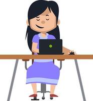flicka arbetssätt på bärbar dator, illustration, vektor på vit bakgrund.