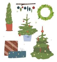 jul element för vykort och inbjudan. xmas träd och x-mas dekoration. gåva lådor och krans. jul lampor vektor