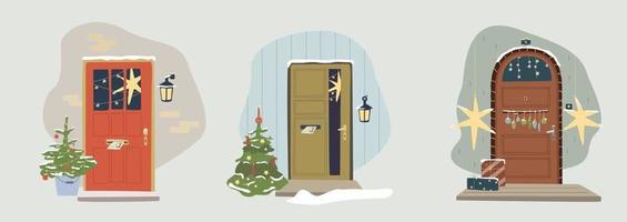 Set mit weihnachtlich dekorierten Haustüren. weihnachtsbaum an der haustür mit kranz und deko zur party. postkarte, einladung oder poser für neues jahr und frohe weihnachten. vektor