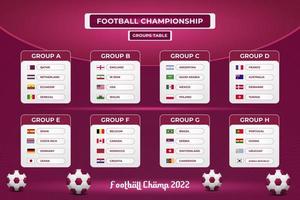 Tabellenvorlage für Fußball-Weltmeisterschaftsgruppen auf abstraktem Hintergrund mit rotem Farbverlauf vektor