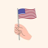 karikaturhand, die usa-flaggenzeichnung hält. Flagge der Vereinigten Staaten, handgezeichnete Illustration, flaches Design isoliertes Vektorsymbol. vektor