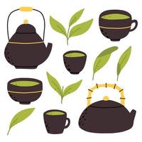 matcha te. vektor uppsättning av organisk te matcha pulver, te löv, tekanna, traditionell kopp. grön te ceremoni. friska dryck.