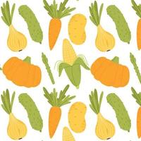 sömlös mönster med grönsaker. mönster med majs, pumpa, lök, morot, gurka, potatis. vektor illustration. dragen stil.