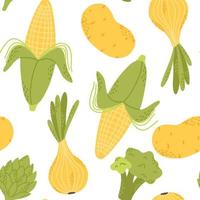 nahtloses Muster mit Gemüse. Muster mit Mais. Brokkoli, Zwiebeln, Kartoffeln, Artischocken. Vektor-Illustration. gezeichneter Stil. vektor