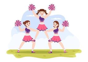 cheerleadermädchen mit pompons des tanzens und springens zur unterstützung des mannschaftssports während des wettbewerbs auf flachen handgezeichneten vorlagenillustrationen der karikatur vektor